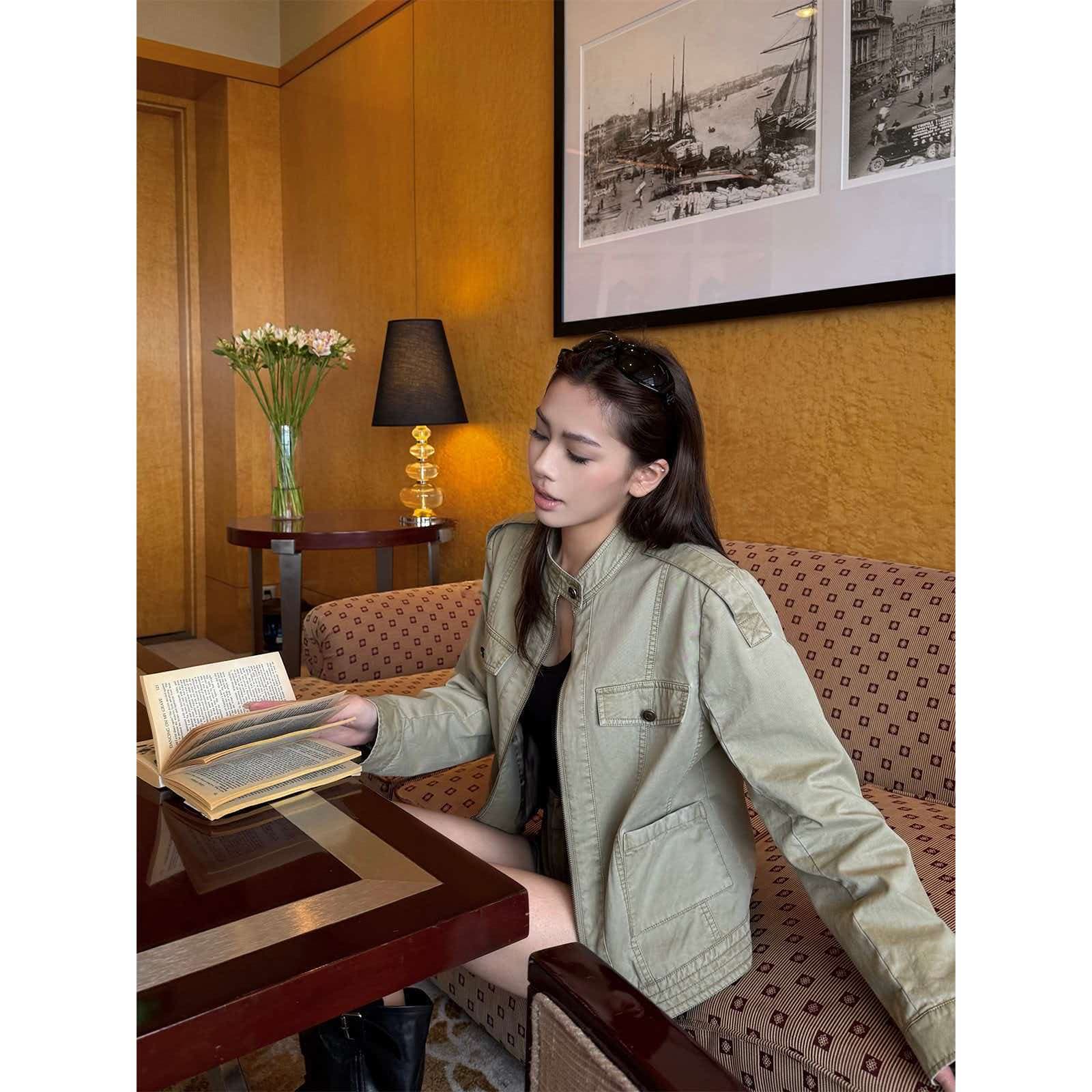주 淼 zhoumiao 아메리칸 vtg 니켈 맛 레트로 마 오래된 오토바이 짧은 여성 코트 스탠드 칼라 워크웨어 재킷 상세 이미지 2