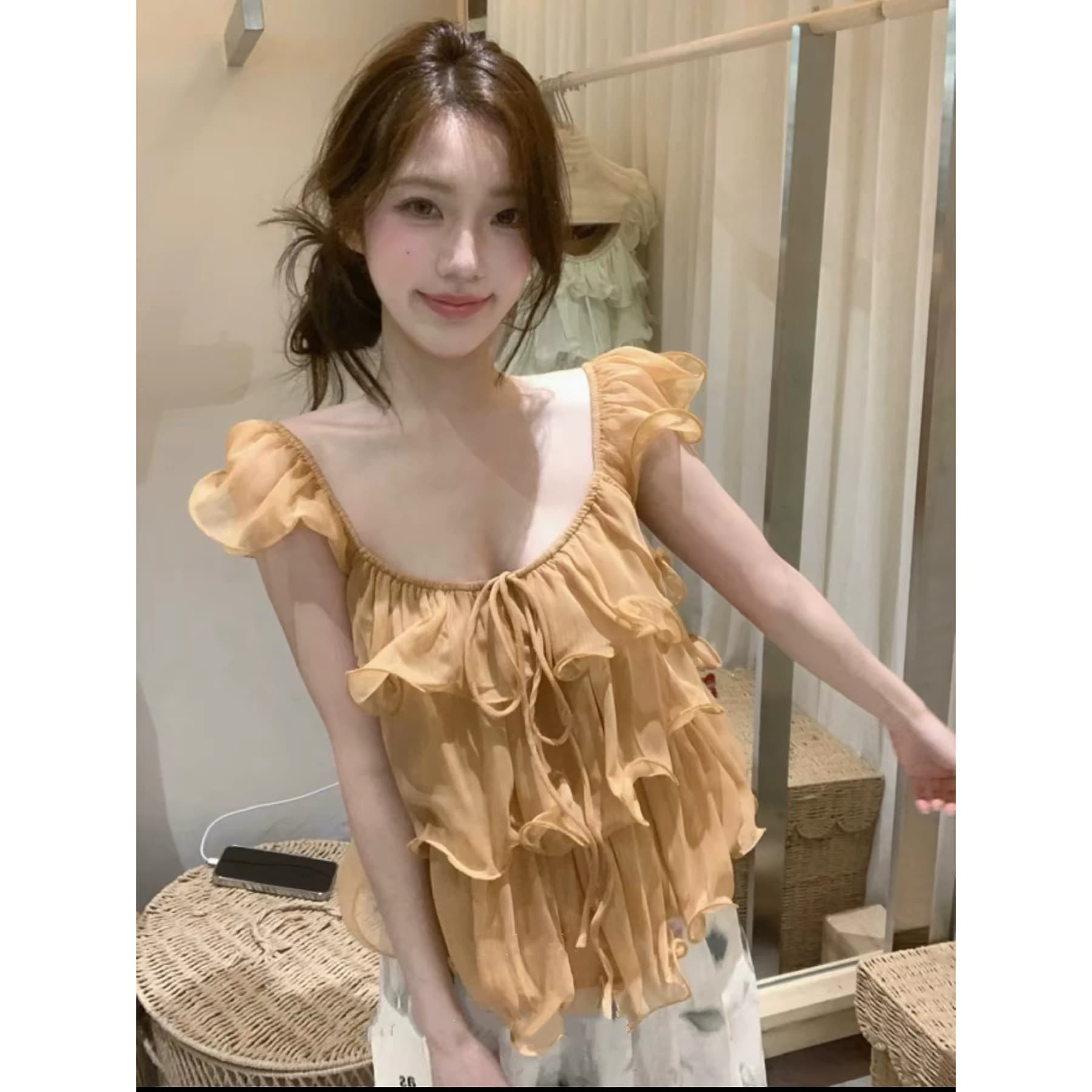 보라색 프릴 레이스업 V넥 작은 날다 소매 여성 셔츠 여름 한 부서 부드러운 바람 달콤함 루즈핏 슬림해 보이는 맨위 이미지 4