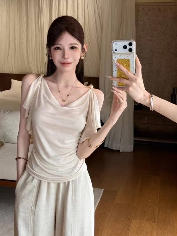 핑크색 丨 흐름 구름 청소 결점 프랑스식 부드러운 바람 쌀 살구 색상 흔들다 칼라 오프숄더 티셔츠 허리 수축 주름 프릴