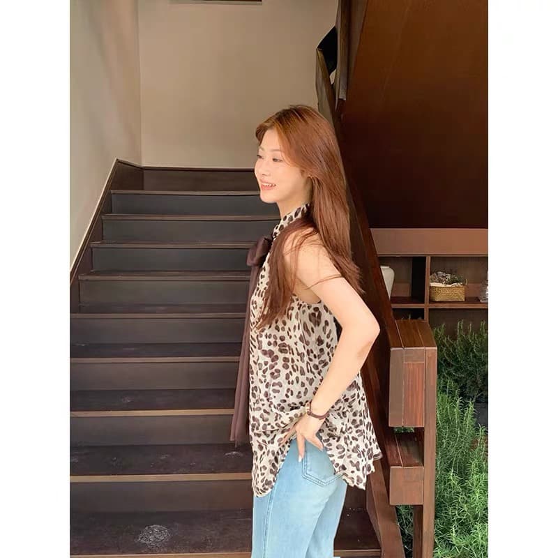 하나 坨 꿈 중간 상태 고양이 레트로 레오파드 무늬 시폰 셔츠 여성 여름 행침 목 조끼 통기성 맨위 ytt012 이미지 2