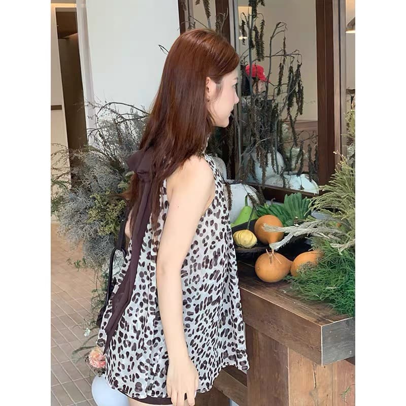 하나 坨 꿈 중간 상태 고양이 레트로 레오파드 무늬 시폰 셔츠 여성 여름 행침 목 조끼 통기성 맨위 ytt012 이미지 3