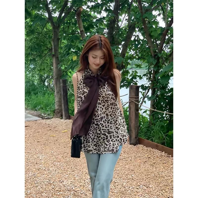 하나 坨 꿈 중간 상태 고양이 레트로 레오파드 무늬 시폰 셔츠 여성 여름 행침 목 조끼 통기성 맨위 ytt012 이미지 4