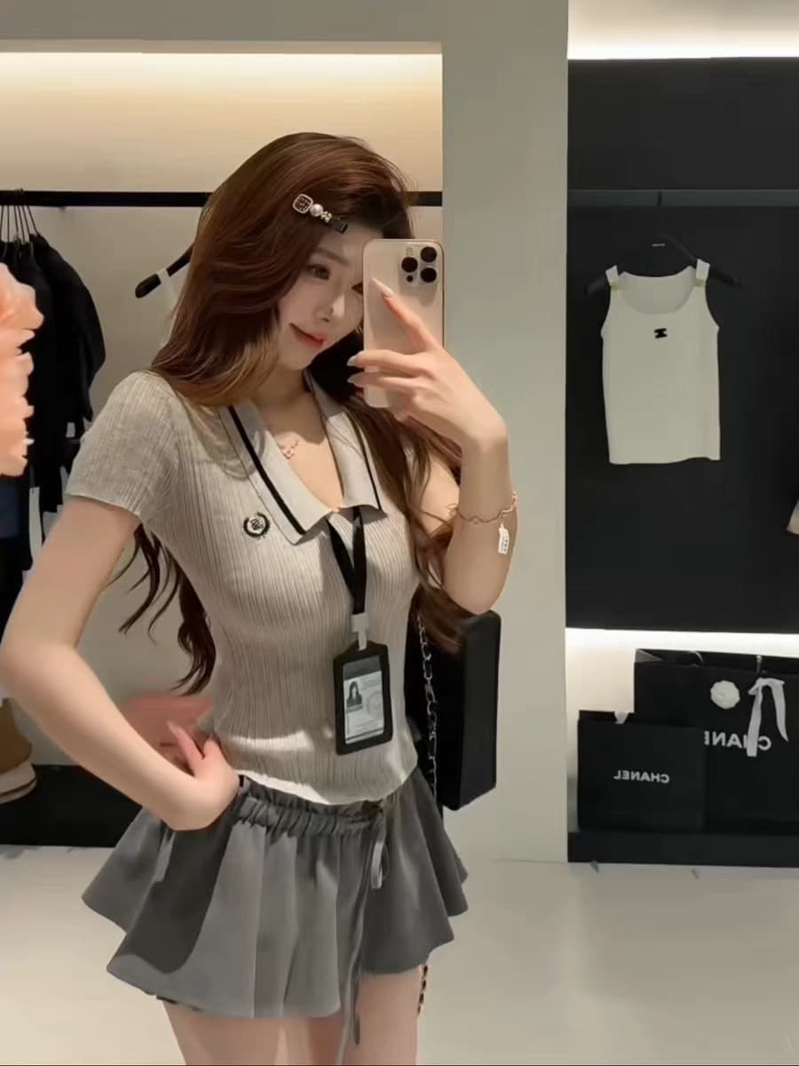 머리카락 작은 펜 fen 홈 여름 새로운 부유 한 가족 천 골드 익스트림 제인 바람 외국 가스 폴로 칼라 얇은 스타일 어깨 패드 니트 스웨터 경기 일 카드 이미지 2