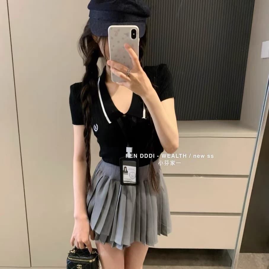 머리카락 작은 펜 fen 홈 여름 새로운 부유 한 가족 천 골드 익스트림 제인 바람 외국 가스 폴로 칼라 얇은 스타일 어깨 패드 니트 스웨터 경기 일 카드 이미지 4