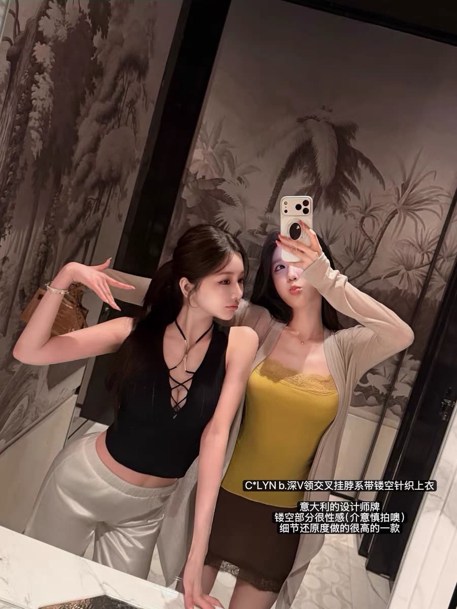 한 비 지아 c lyn b. 깊은 V 넥 십자가 행침 목 레이스업 홀로우 아웃 니트 맨위 이미지 4