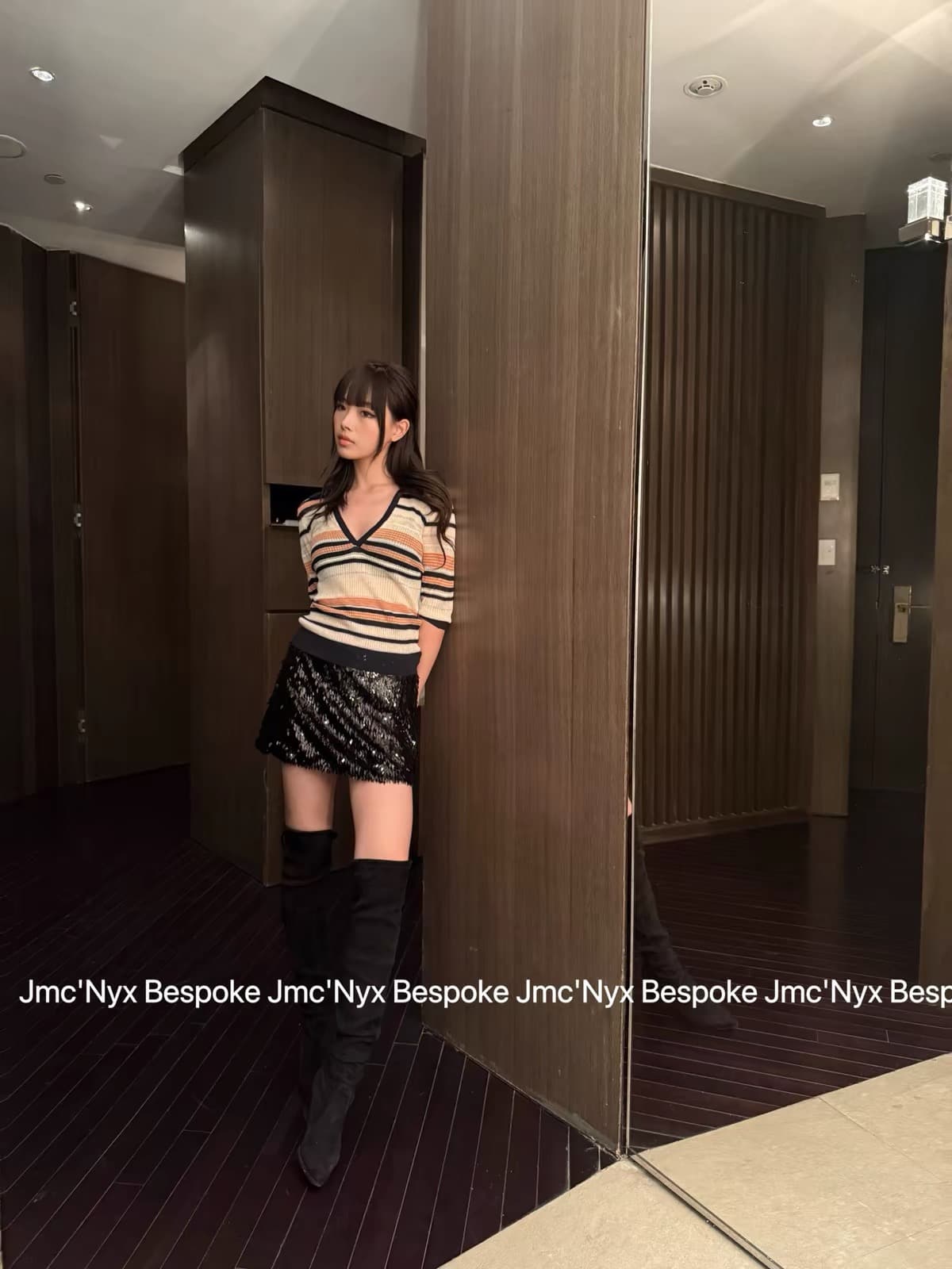 jmc nyx bespoke 배색 스트라이프 V넥 차가운 센스 니트 스웨터 POLO 칼라 티셔츠 긍정적 인 어깨 반팔 맨위 여성 이미지 2