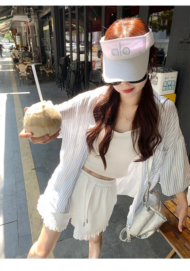 2026 여름 슬림해 보이는 다용도 화이트 하이웨이스트 와이드 레그 팬츠 한 부서 프릴 허리밴드 펌프 로프 캐주얼 반바지 여성 상세 이미지 35