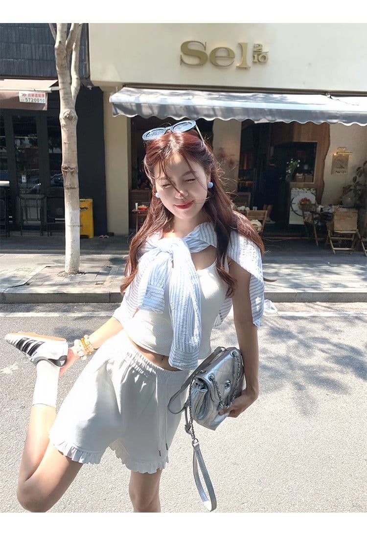 2026 여름 슬림해 보이는 다용도 화이트 하이웨이스트 와이드 레그 팬츠 한 부서 프릴 허리밴드 펌프 로프 캐주얼 반바지 여성 상세 이미지 38