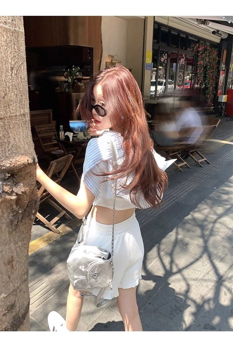 2026 여름 슬림해 보이는 다용도 화이트 하이웨이스트 와이드 레그 팬츠 한 부서 프릴 허리밴드 펌프 로프 캐주얼 반바지 여성 상세 이미지 40