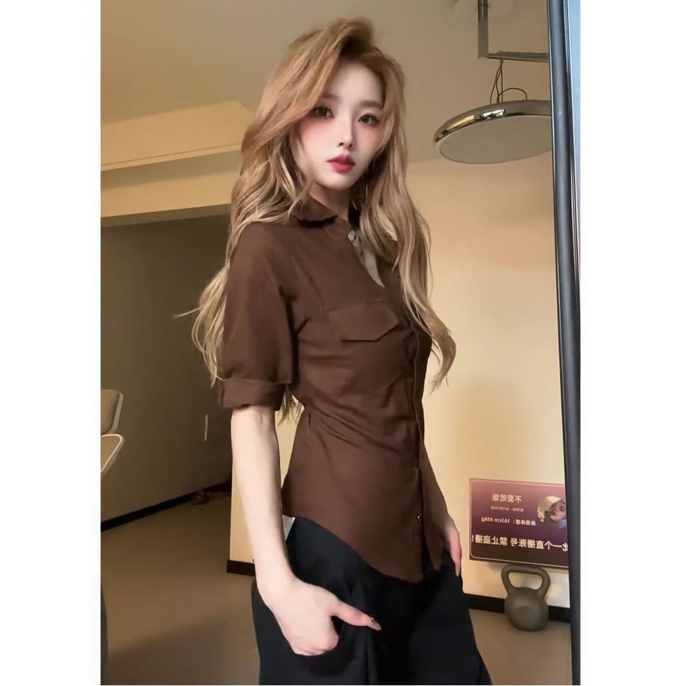 원본 원단 프랑스식 레트로 POLO 칼라 여성 셔츠 여름 얇은 스타일 디자인 센스 긍정적 인 어깨 꼬집기 허리 슬림해 보이는 셔츠 이미지 3