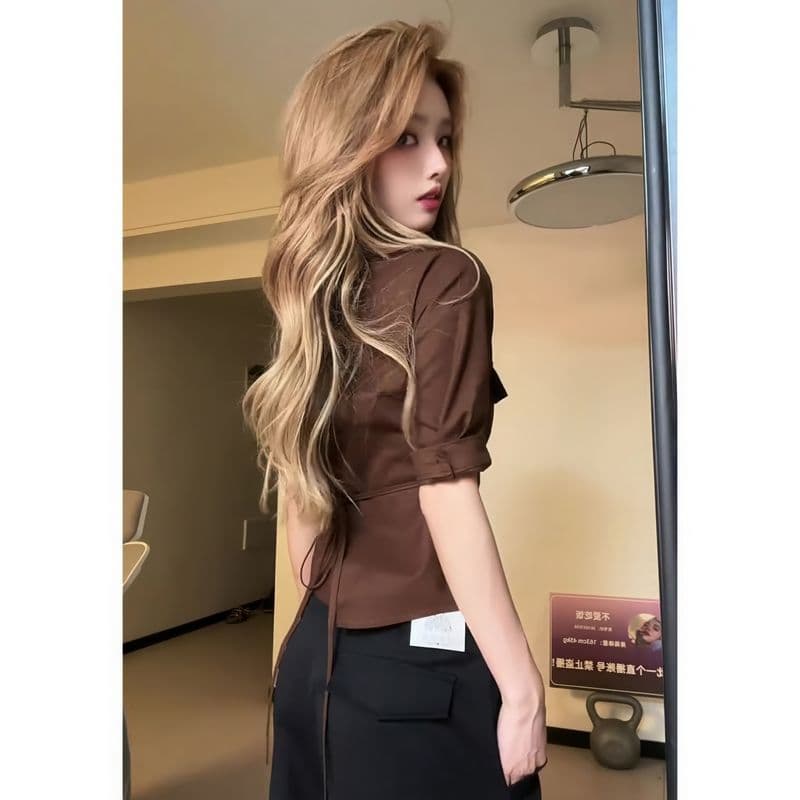 원본 원단 프랑스식 레트로 POLO 칼라 여성 셔츠 여름 얇은 스타일 디자인 센스 긍정적 인 어깨 꼬집기 허리 슬림해 보이는 셔츠 상세 이미지 2