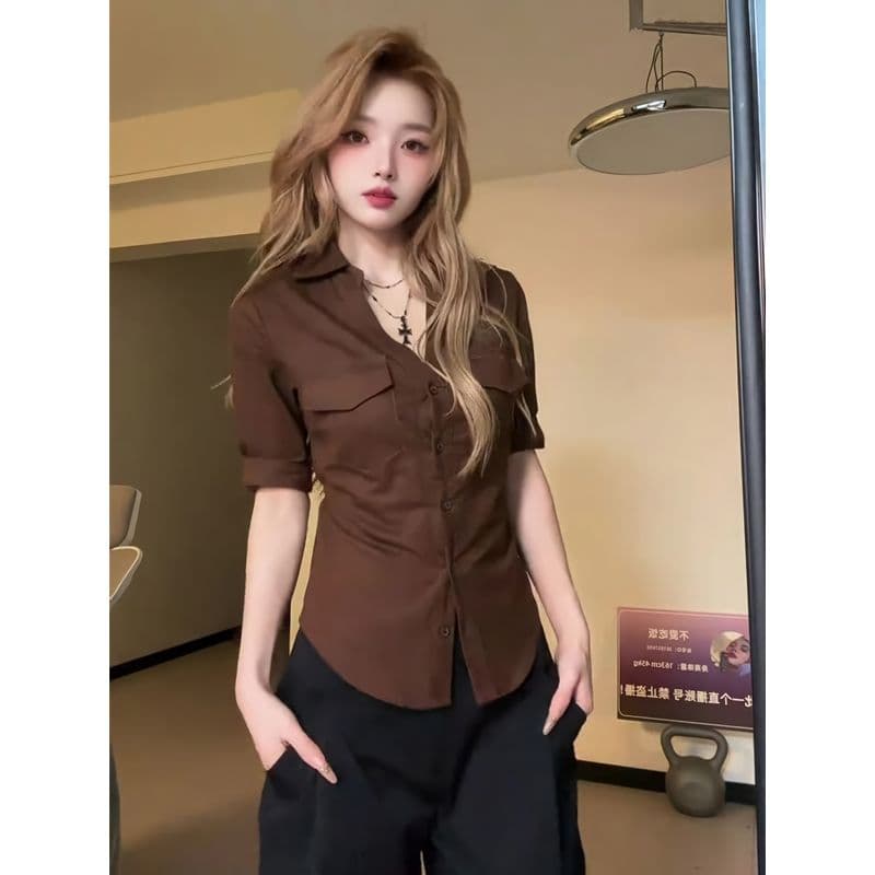 원본 원단 프랑스식 레트로 POLO 칼라 여성 셔츠 여름 얇은 스타일 디자인 센스 긍정적 인 어깨 꼬집기 허리 슬림해 보이는 셔츠 상세 이미지 3