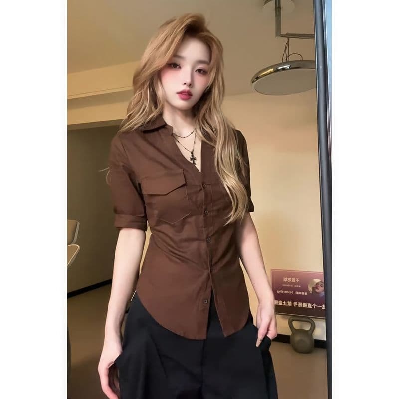원본 원단 프랑스식 레트로 POLO 칼라 여성 셔츠 여름 얇은 스타일 디자인 센스 긍정적 인 어깨 꼬집기 허리 슬림해 보이는 셔츠 상세 이미지 5