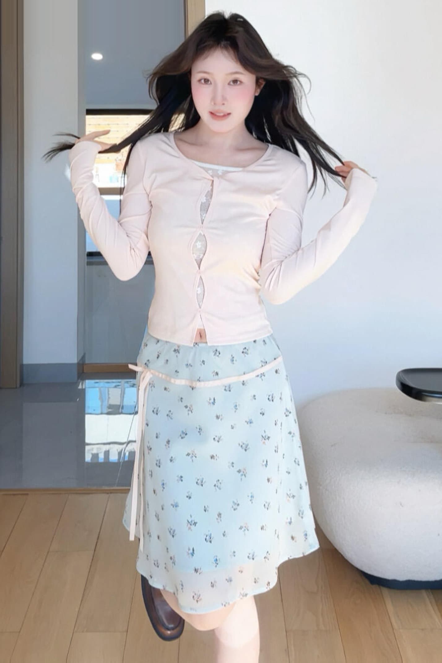 원본 원단 박하 녹색 포 멜로 디자인 센스 작은 A라인 스커트 꽃무늬 반신 스커트 여성 봄 여름 새로운 슈퍼 잘 생긴 중간 스커트 이미지 7