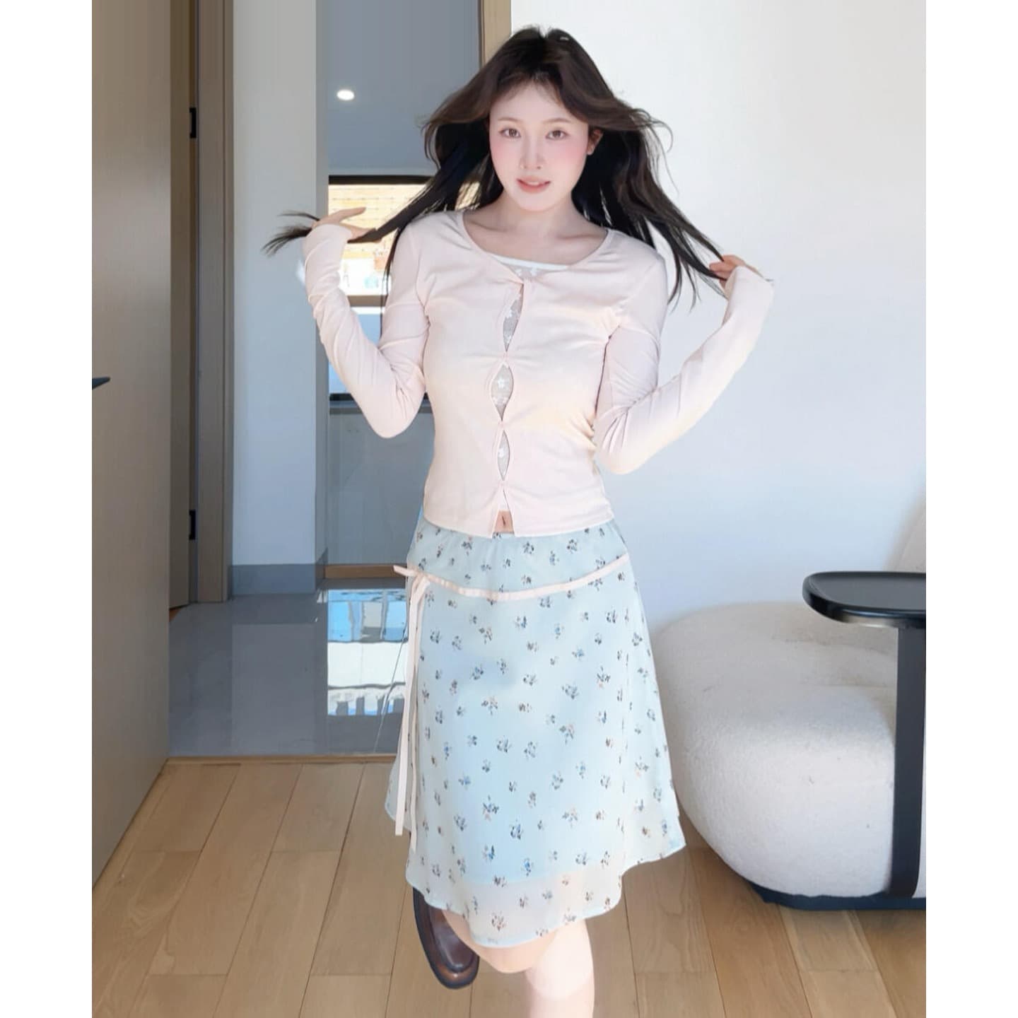 원본 원단 박하 녹색 포 멜로 디자인 센스 작은 A라인 스커트 꽃무늬 반신 스커트 여성 봄 여름 새로운 슈퍼 잘 생긴 중간 스커트 이미지 6