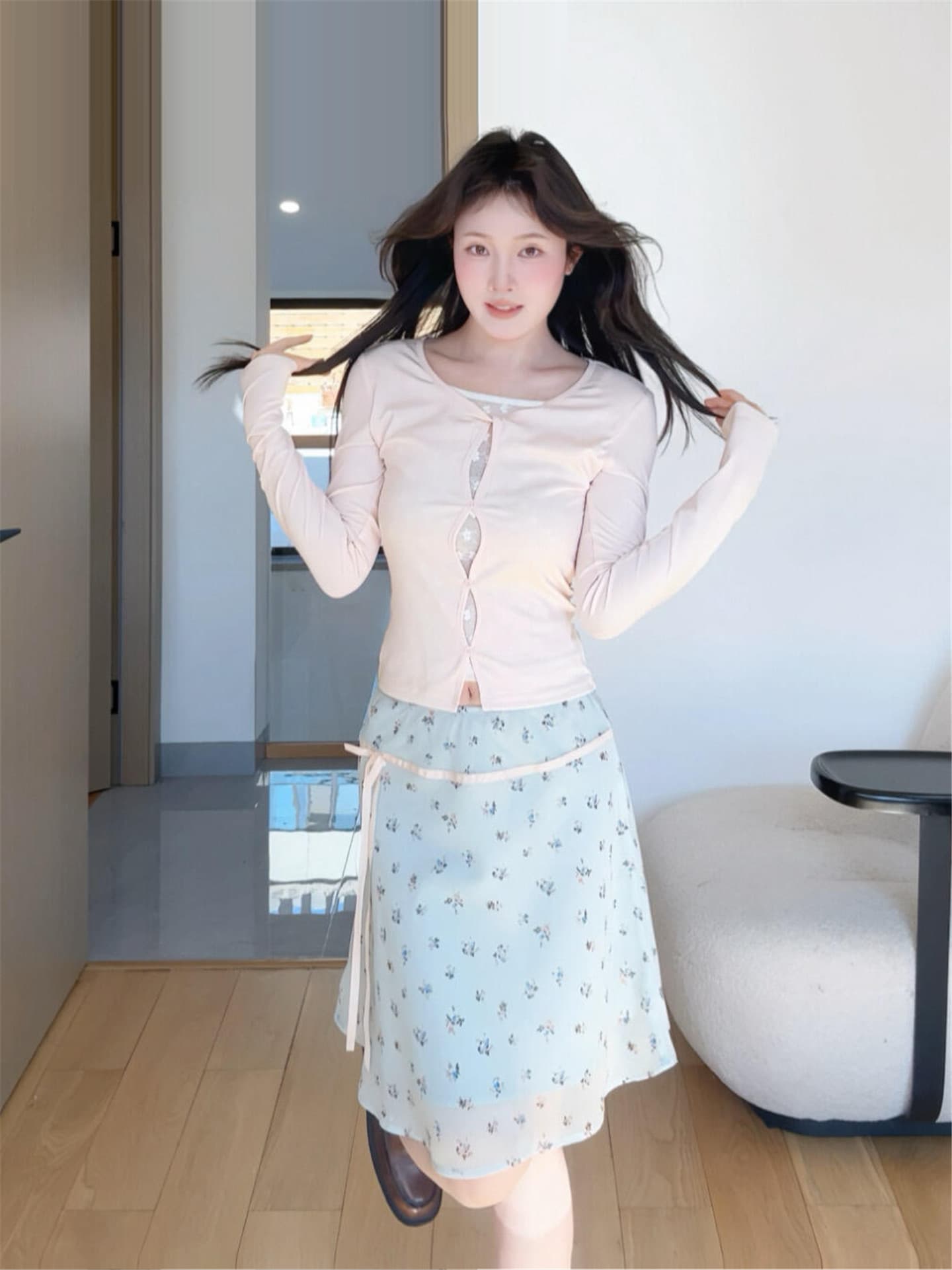 원본 원단 박하 녹색 포 멜로 디자인 센스 작은 A라인 스커트 꽃무늬 반신 스커트 여성 봄 여름 새로운 슈퍼 잘 생긴 중간 스커트 상세 이미지 6