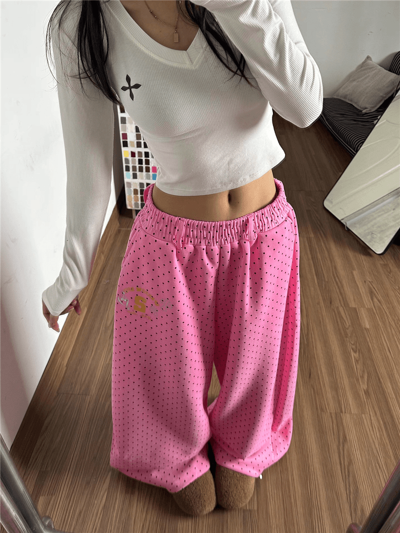 핫걸 핑크색 도트 무늬 프린트 웨이 바지 여성 루즈핏 느긋한 느슨함 센스 웃음 하 재즈 댄스 운동 바지 상세 이미지 16