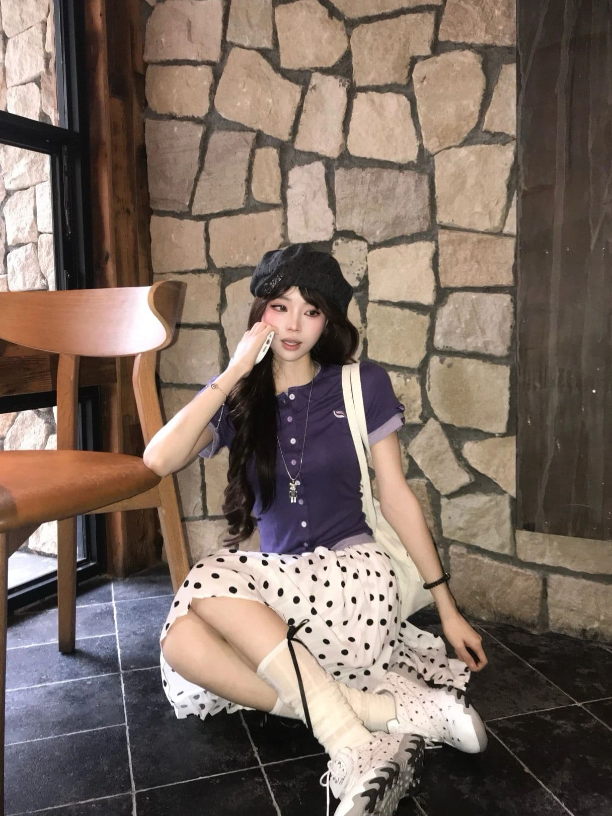 자이언트 잘 생긴 ~ 중 짧은 반 스커트 miu 인사이드 miu 가스 검정색 도트 무늬 플리츠 스커트 고유 한 아름다운 작은 키 짧은 상세 이미지 15