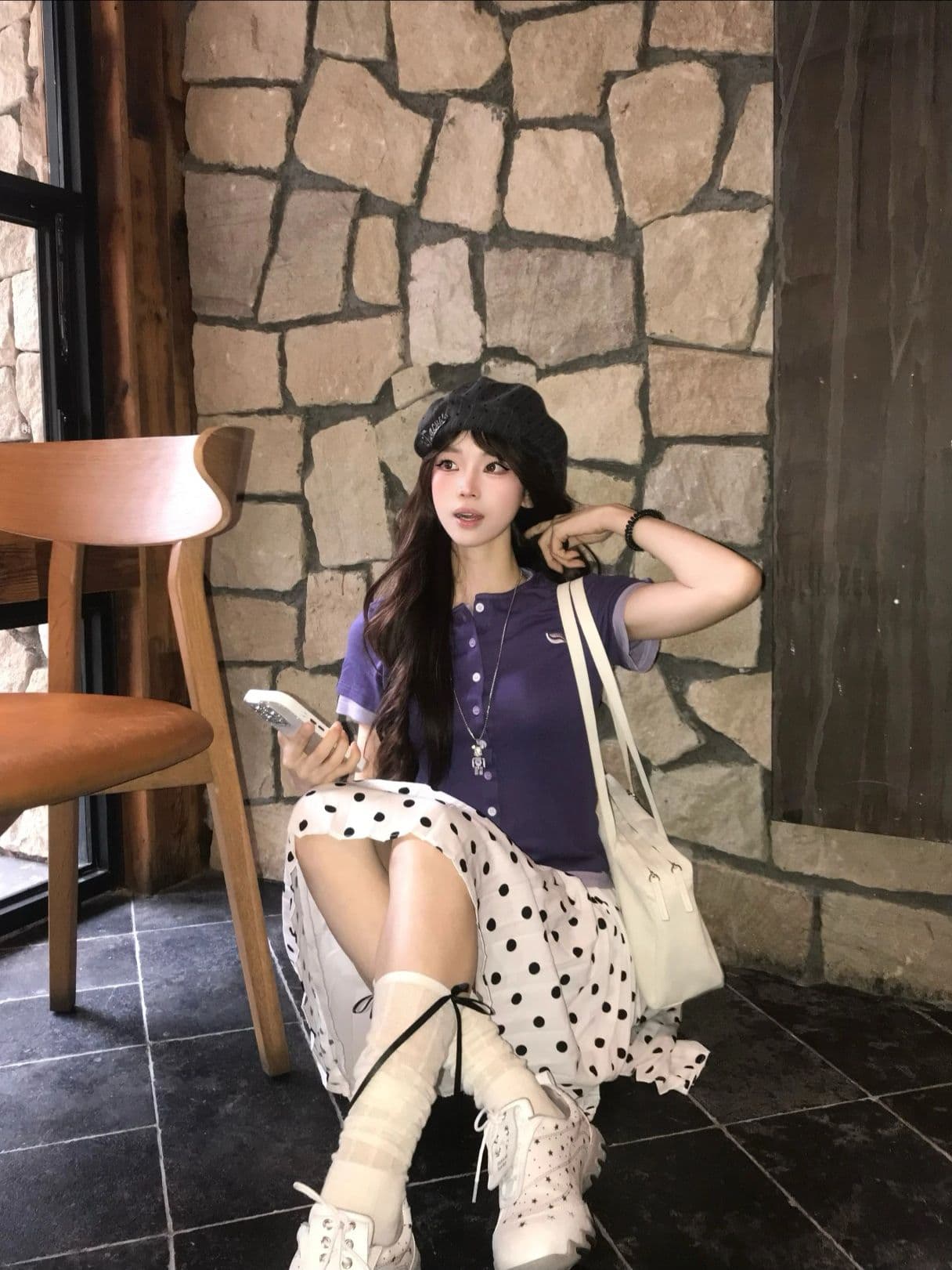 자이언트 잘 생긴 ~ 중 짧은 반 스커트 miu 인사이드 miu 가스 검정색 도트 무늬 플리츠 스커트 고유 한 아름다운 작은 키 짧은 상세 이미지 16
