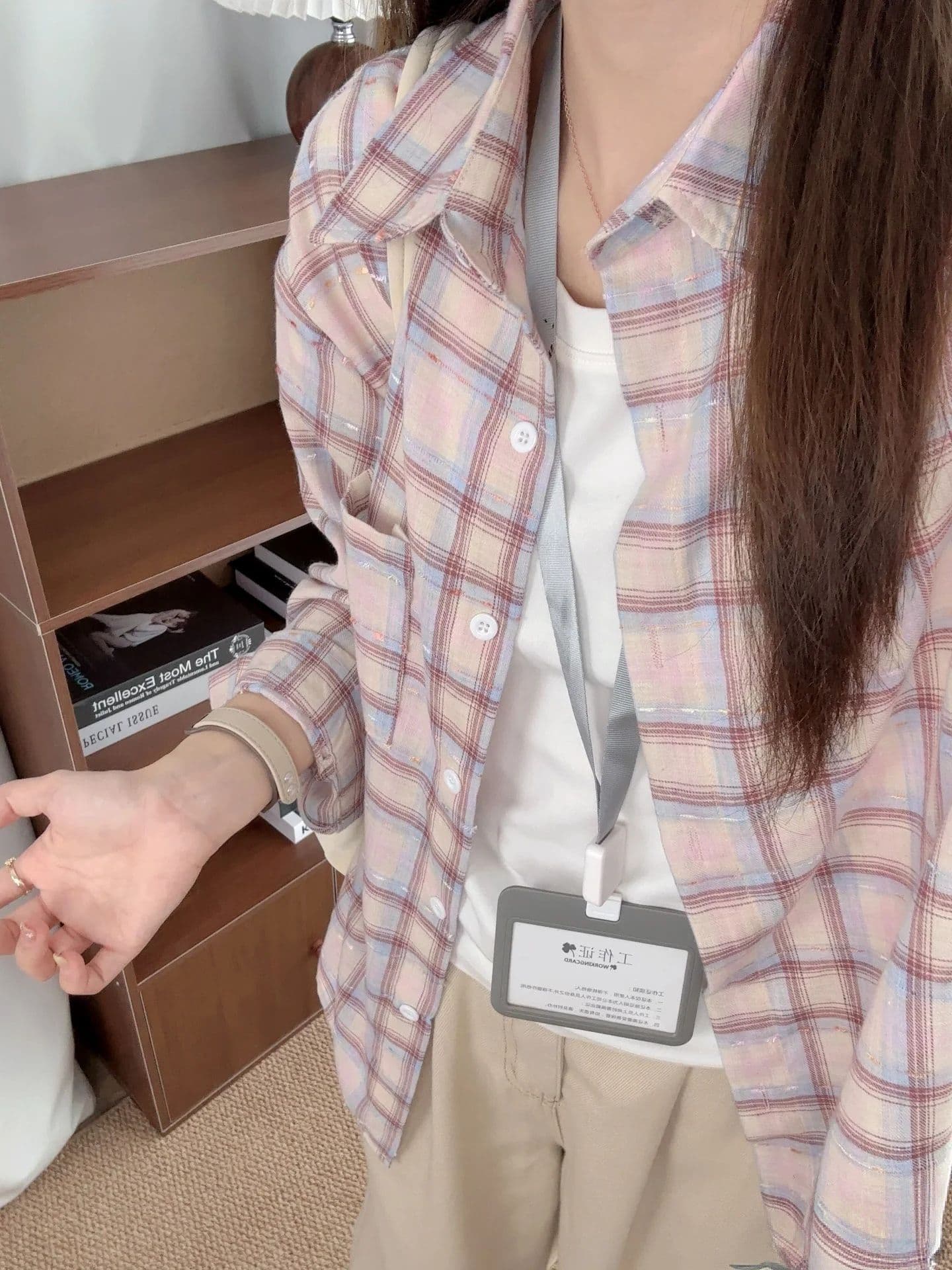 분말 그리드 리본 여성 셔츠 디자인 센스 루즈핏 슬림해 보이는 폴로 칼라 긴팔 캐주얼 다용도 셔츠 맨위 봄 가을 상세 이미지 5