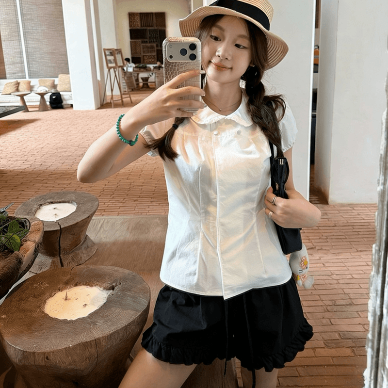 2026 여름 슬림해 보이는 다용도 화이트 하이웨이스트 와이드 레그 팬츠 한 부서 프릴 허리밴드 펌프 로프 캐주얼 반바지 여성 상세 이미지 2