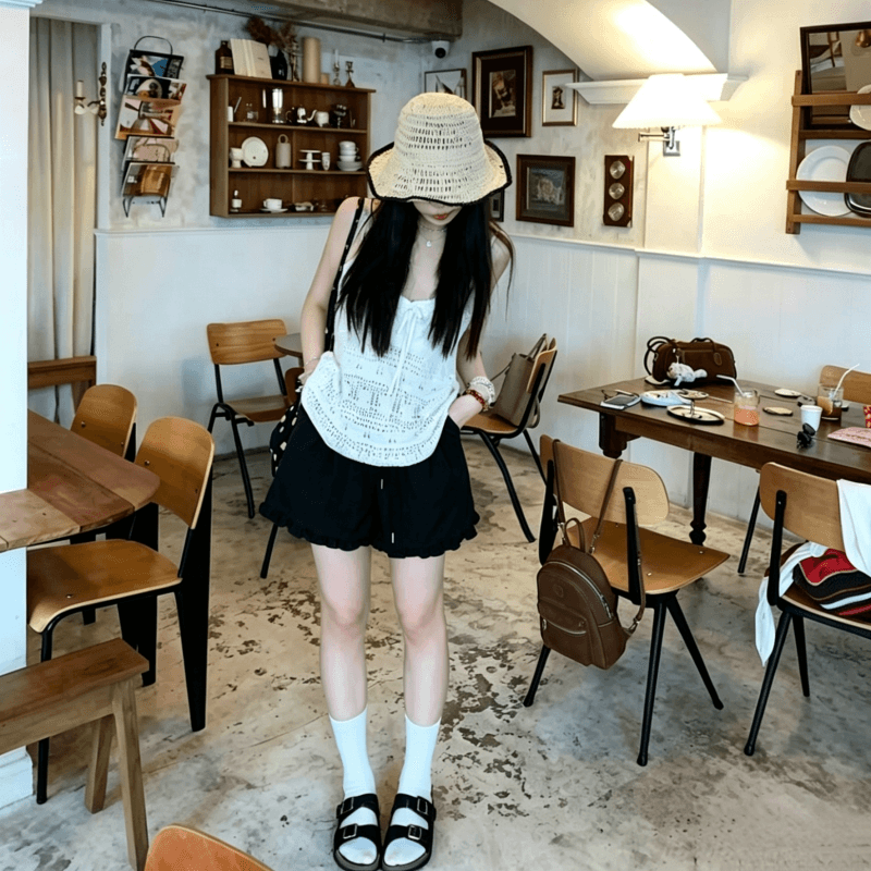 2026 여름 슬림해 보이는 다용도 화이트 하이웨이스트 와이드 레그 팬츠 한 부서 프릴 허리밴드 펌프 로프 캐주얼 반바지 여성 상세 이미지 1