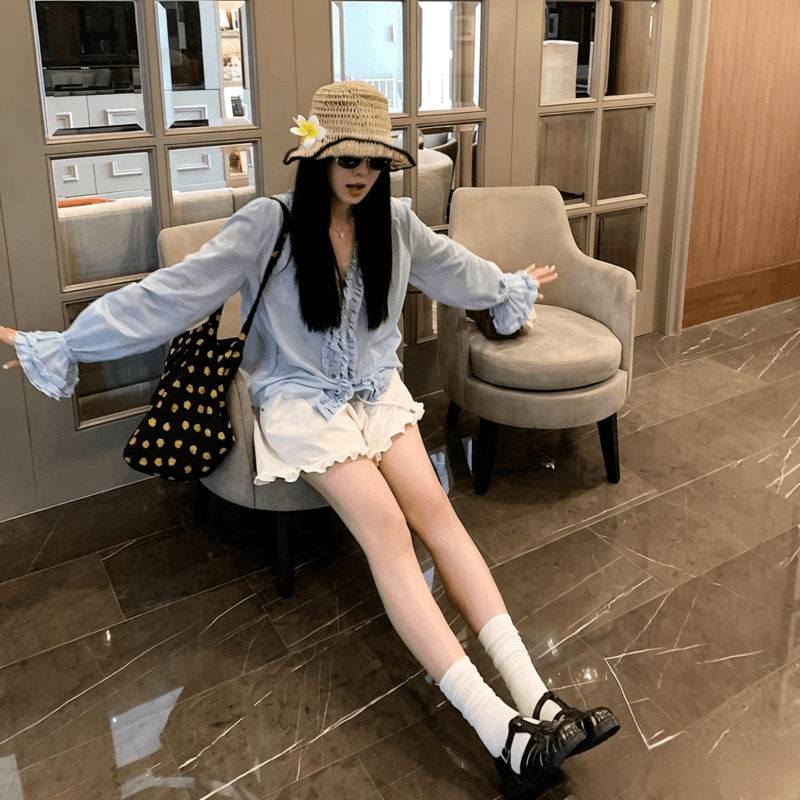 2026 여름 슬림해 보이는 다용도 화이트 하이웨이스트 와이드 레그 팬츠 한 부서 프릴 허리밴드 펌프 로프 캐주얼 반바지 여성 상세 이미지 2