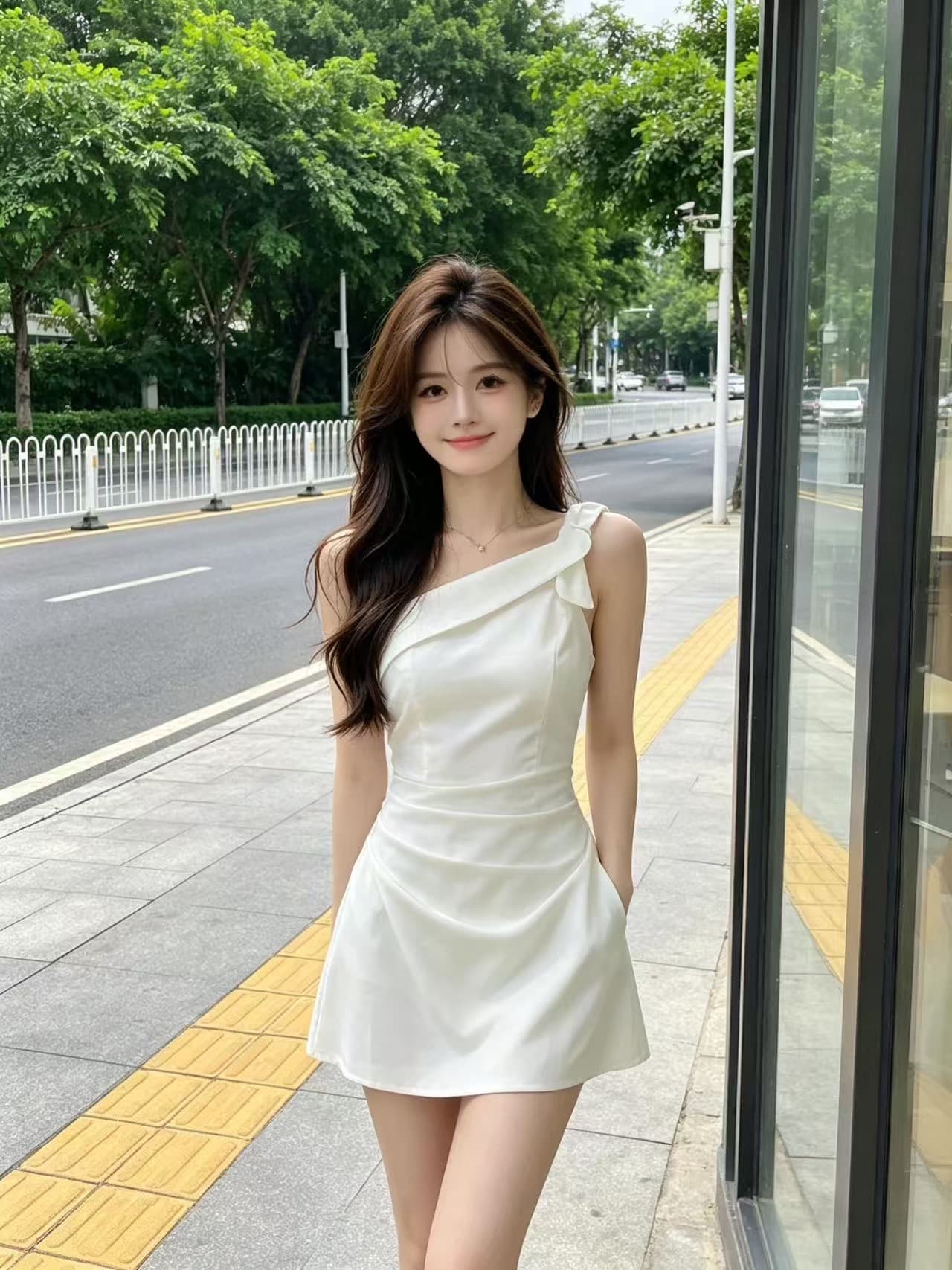 품격 부드러운 바람 비스듬한 어깨 미니 스커트 여성 핫걸 디자인 센스 오프숄더 슬림해 보이는 한 마디 꼬집기 허리 드레스 여름 상세 이미지 5