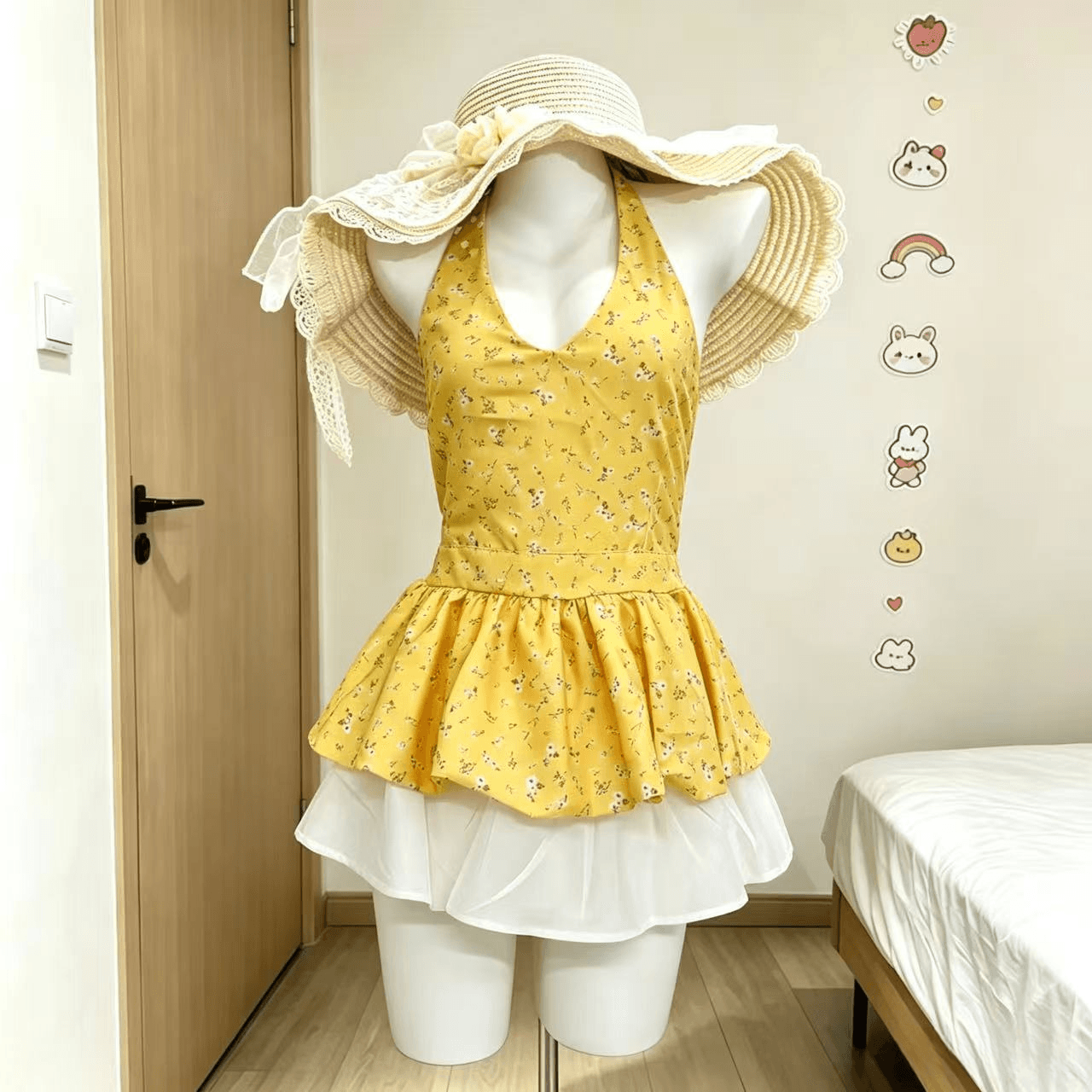 여름 작은 대중 꽃무늬 프린트 행침 목 캐미솔 화이트 퍼프 허리밴드 반신 스커트 노출 방지 세트