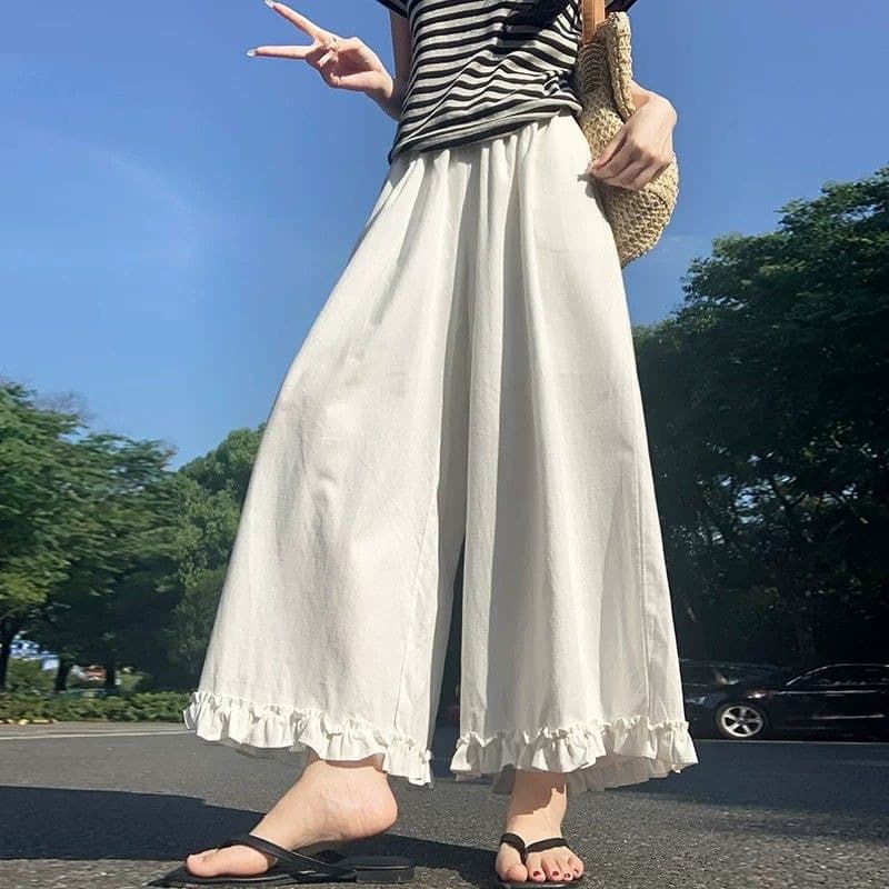 빅 사이즈 지방 mm 파란색 한 부서 목이버섯 레이스 와이드 레깅스 바지 여름 하이웨이스트 스트레이트 캐주얼 부츠컷 범프 바지 이미지 5