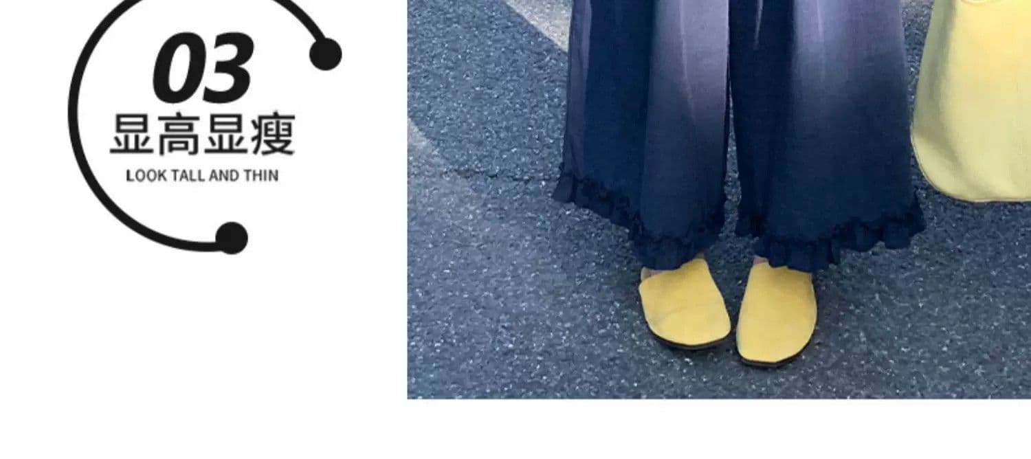 빅 사이즈 지방 mm 파란색 한 부서 목이버섯 레이스 와이드 레깅스 바지 여름 하이웨이스트 스트레이트 캐주얼 부츠컷 범프 바지 상세 이미지 4