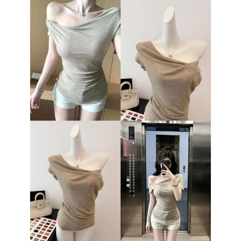 ubiliv 빛 연 주간 접시 디자인 센스 매듭 비스듬한 어깨 핀치 Pleat 허리 수축 슬림해 보이는 티셔츠 주간 실크 양모 맨위 이미지 2