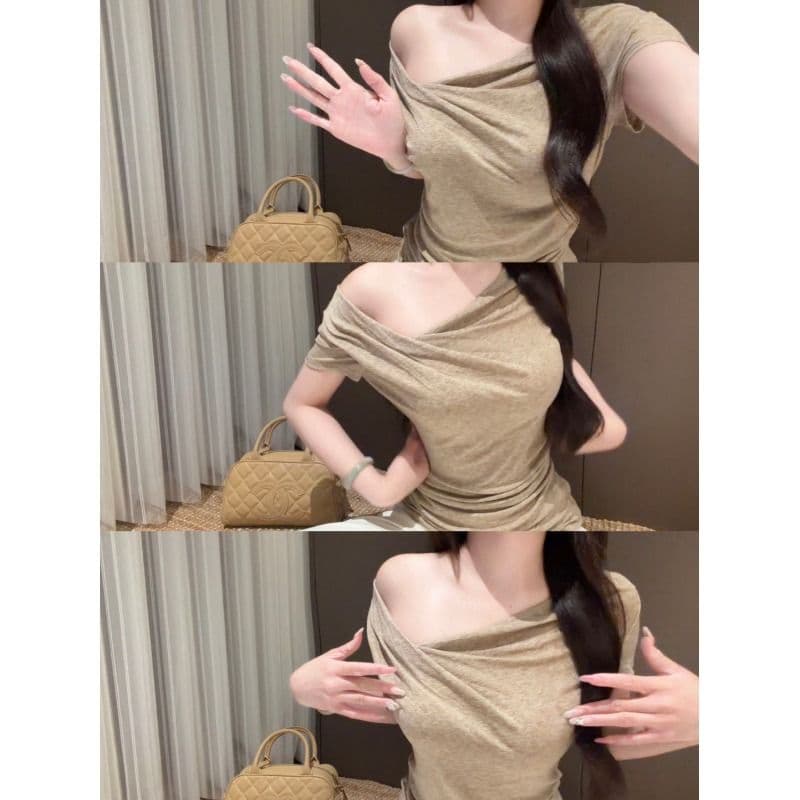 ubiliv 빛 연 주간 접시 디자인 센스 매듭 비스듬한 어깨 핀치 Pleat 허리 수축 슬림해 보이는 티셔츠 주간 실크 양모 맨위 이미지 3