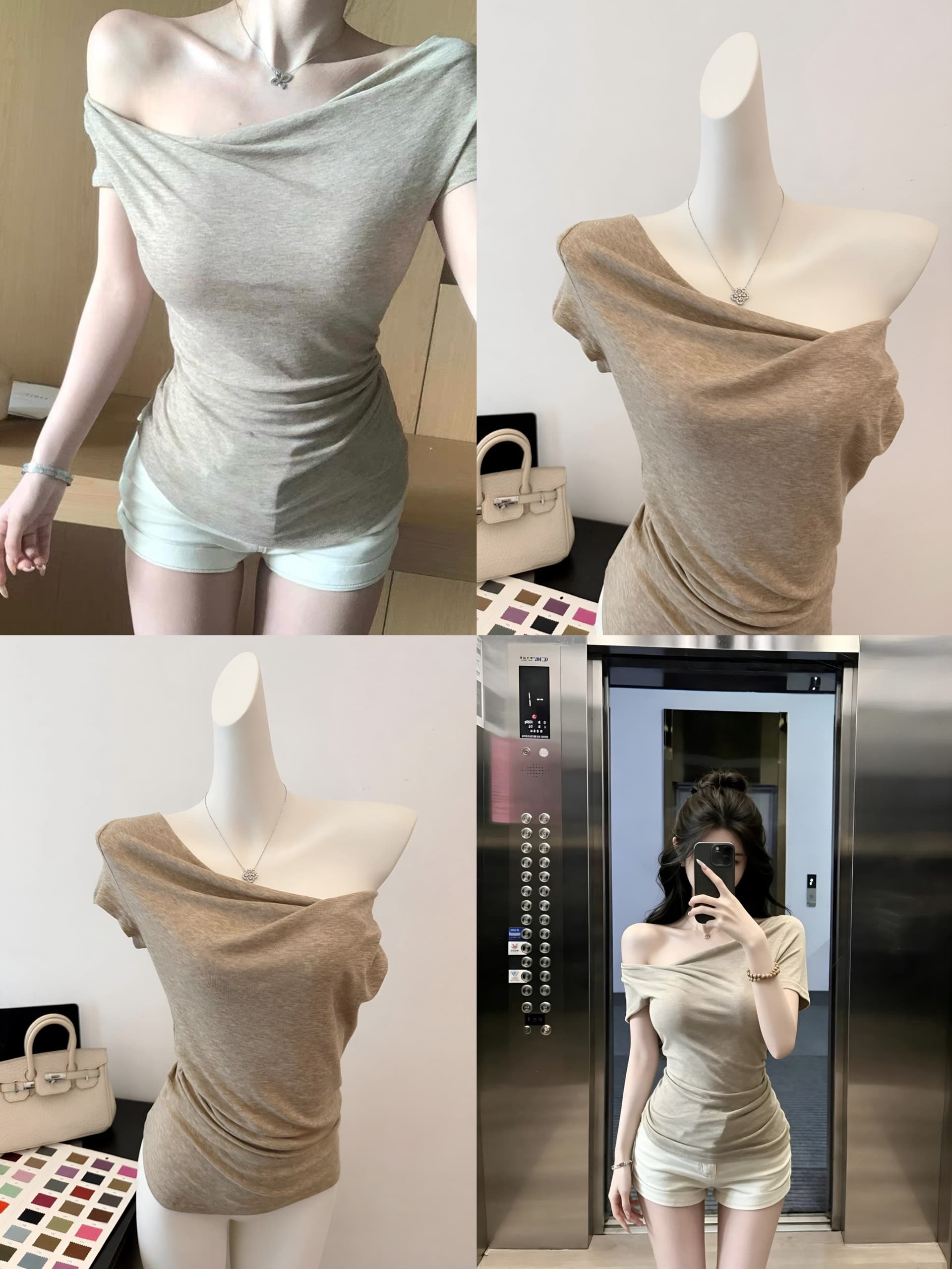 ubiliv 빛 연 주간 접시 디자인 센스 매듭 비스듬한 어깨 핀치 Pleat 허리 수축 슬림해 보이는 티셔츠 주간 실크 양모 맨위 상세 이미지 2