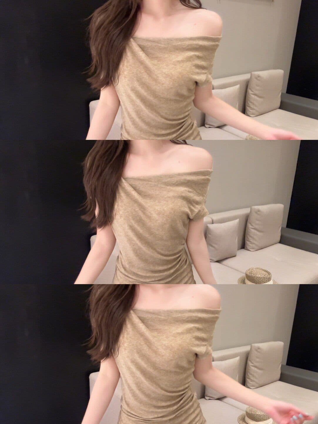 ubiliv 빛 연 주간 접시 디자인 센스 매듭 비스듬한 어깨 핀치 Pleat 허리 수축 슬림해 보이는 티셔츠 주간 실크 양모 맨위 상세 이미지 7