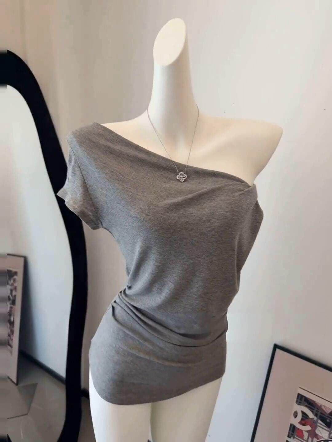 ubiliv 빛 연 주간 접시 디자인 센스 매듭 비스듬한 어깨 핀치 Pleat 허리 수축 슬림해 보이는 티셔츠 주간 실크 양모 맨위 상세 이미지 11