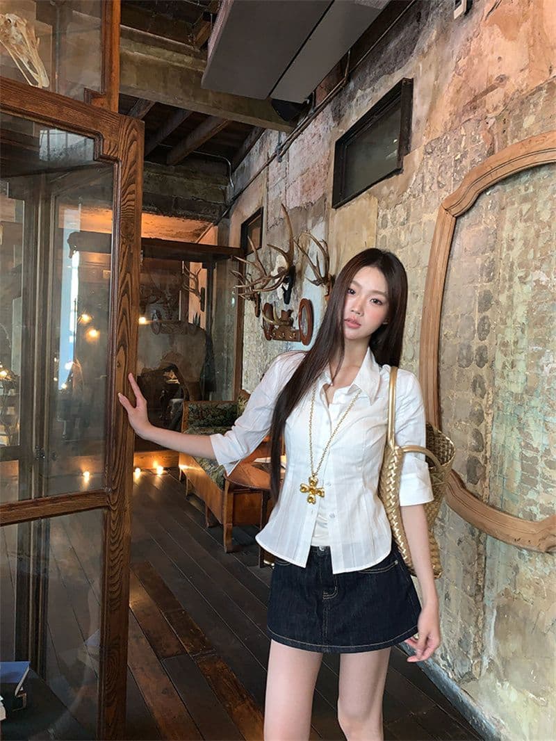 원본 자카드 원단 화이트 여성 셔츠 봄 여름 새로운 고급 센스 빛 럭셔리 연령 감소 외국 가스 셔츠 상세 이미지 10