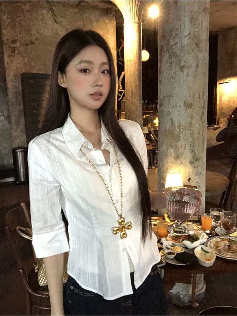 원본 자카드 원단 화이트 여성 셔츠 봄 여름 새로운 고급 센스 빛 럭셔리 연령 감소 외국 가스 셔츠 상세 이미지 14
