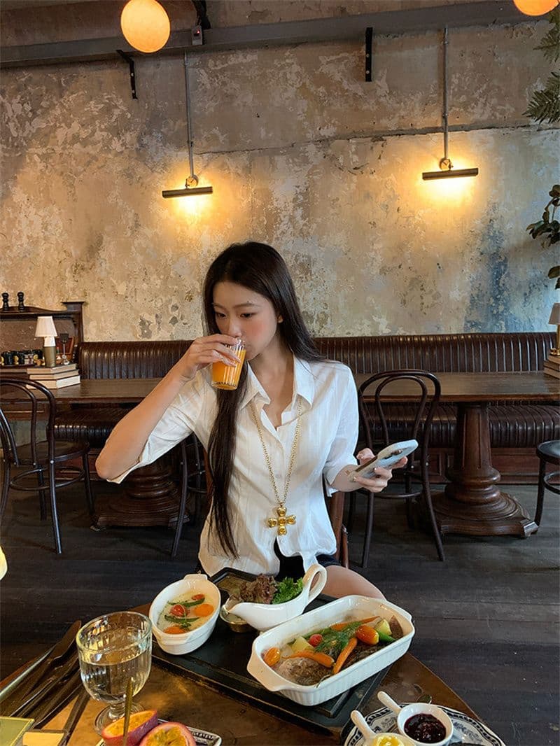 원본 자카드 원단 화이트 여성 셔츠 봄 여름 새로운 고급 센스 빛 럭셔리 연령 감소 외국 가스 셔츠 상세 이미지 26