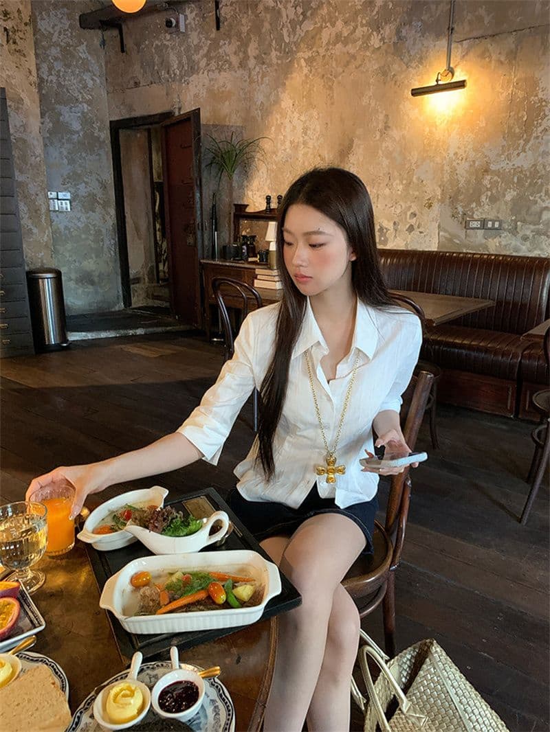 원본 자카드 원단 화이트 여성 셔츠 봄 여름 새로운 고급 센스 빛 럭셔리 연령 감소 외국 가스 셔츠 상세 이미지 28