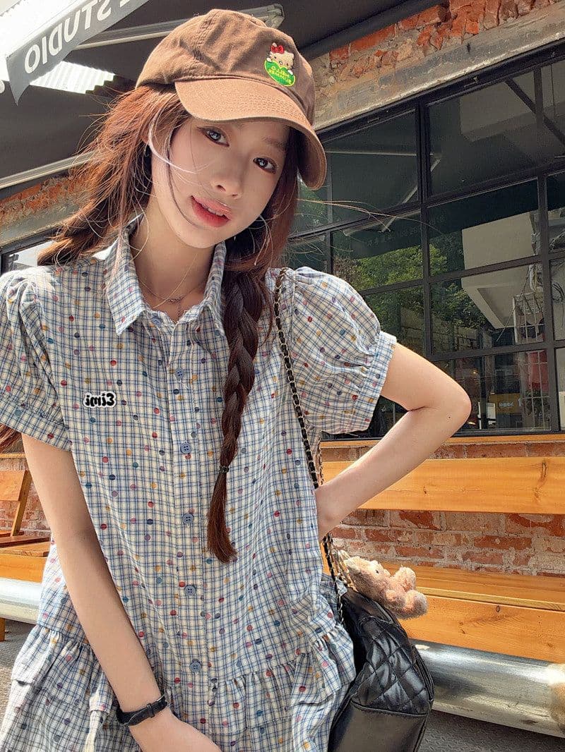 한 부서 레트로 파란색 체크무늬 반팔 여성 셔츠 여름 루즈핏 학원 스타일 허리 수축 폴로 칼라 쇼트 스타일 맨위 상세 이미지 2