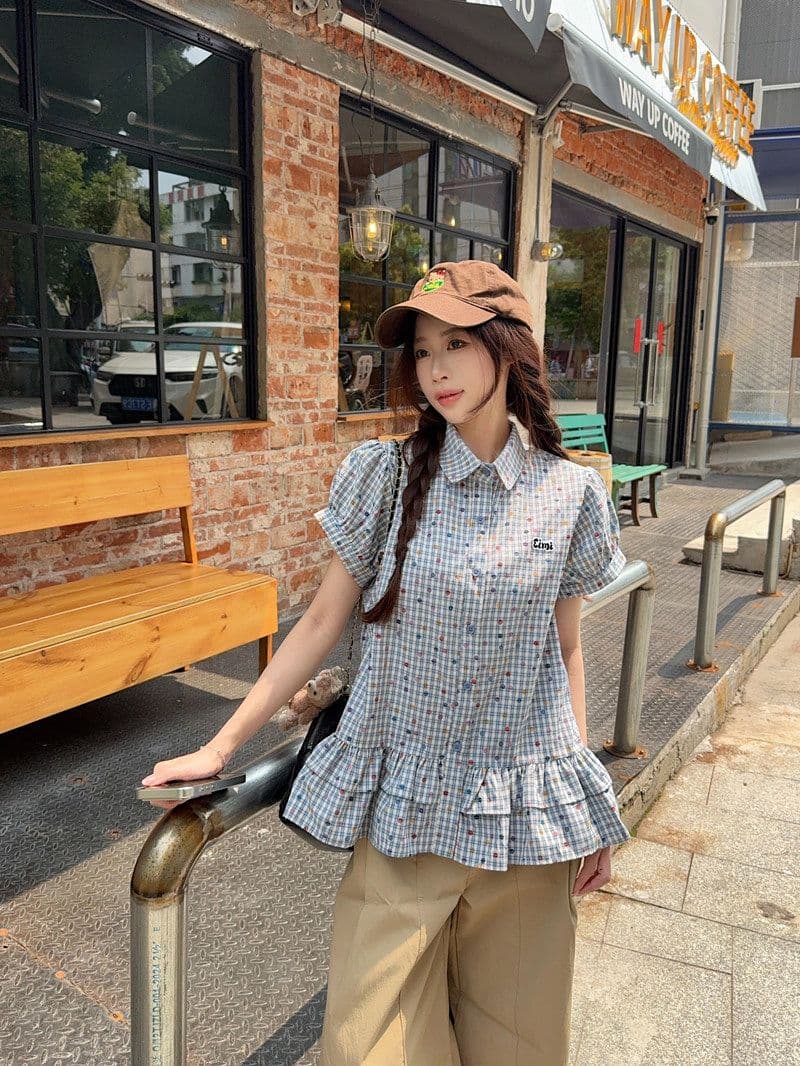 한 부서 레트로 파란색 체크무늬 반팔 여성 셔츠 여름 루즈핏 학원 스타일 허리 수축 폴로 칼라 쇼트 스타일 맨위 상세 이미지 3