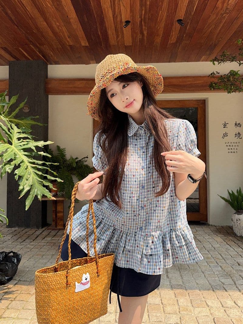 한 부서 레트로 파란색 체크무늬 반팔 여성 셔츠 여름 루즈핏 학원 스타일 허리 수축 폴로 칼라 쇼트 스타일 맨위 상세 이미지 7