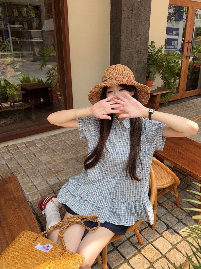 한 부서 레트로 파란색 체크무늬 반팔 여성 셔츠 여름 루즈핏 학원 스타일 허리 수축 폴로 칼라 쇼트 스타일 맨위 상세 이미지 9
