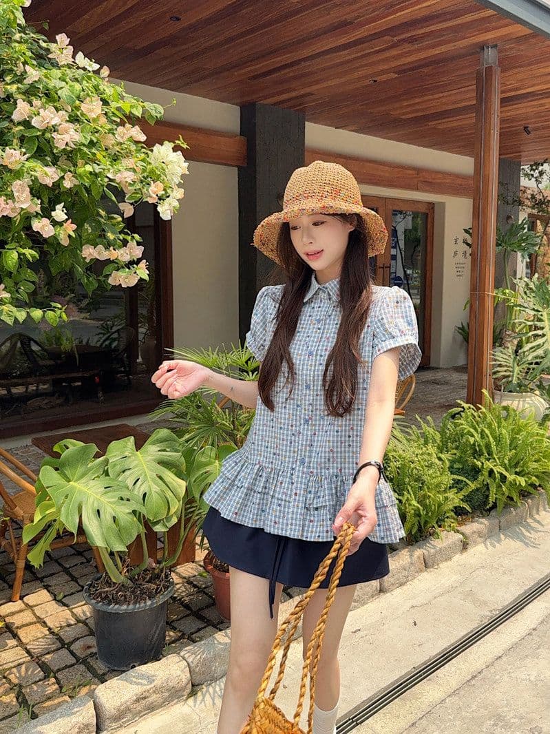 한 부서 레트로 파란색 체크무늬 반팔 여성 셔츠 여름 루즈핏 학원 스타일 허리 수축 폴로 칼라 쇼트 스타일 맨위 상세 이미지 11
