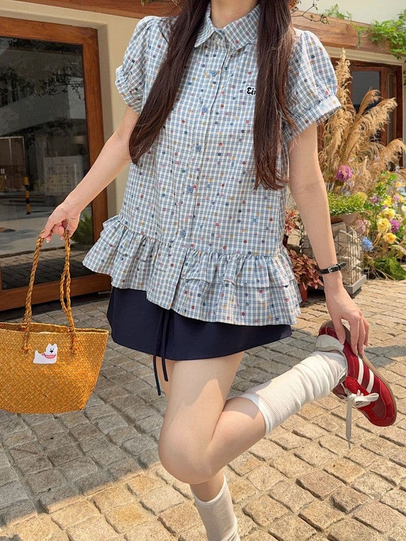 한 부서 레트로 파란색 체크무늬 반팔 여성 셔츠 여름 루즈핏 학원 스타일 허리 수축 폴로 칼라 쇼트 스타일 맨위 상세 이미지 14