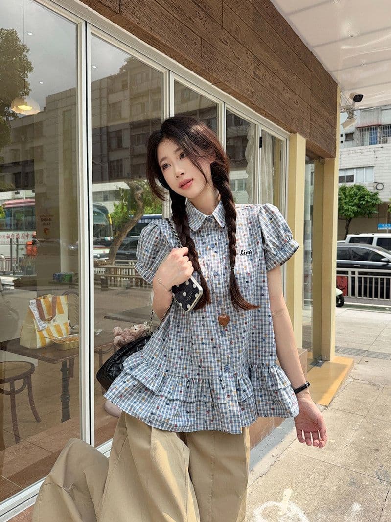 한 부서 레트로 파란색 체크무늬 반팔 여성 셔츠 여름 루즈핏 학원 스타일 허리 수축 폴로 칼라 쇼트 스타일 맨위 상세 이미지 15