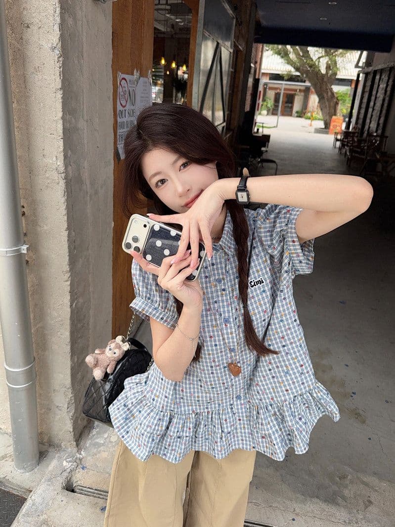 한 부서 레트로 파란색 체크무늬 반팔 여성 셔츠 여름 루즈핏 학원 스타일 허리 수축 폴로 칼라 쇼트 스타일 맨위 상세 이미지 16