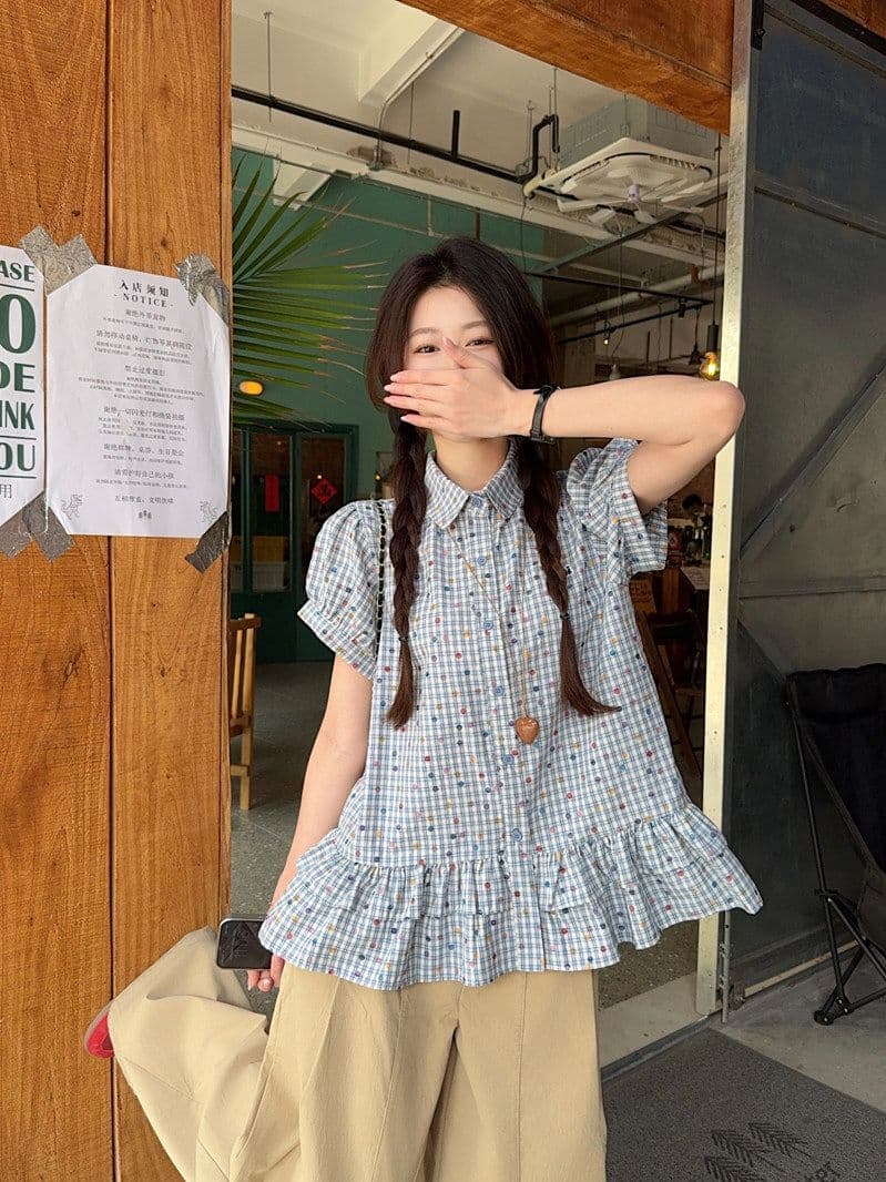 한 부서 레트로 파란색 체크무늬 반팔 여성 셔츠 여름 루즈핏 학원 스타일 허리 수축 폴로 칼라 쇼트 스타일 맨위 상세 이미지 17