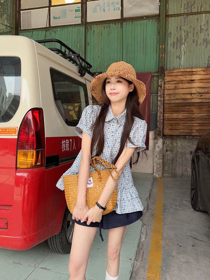 한 부서 레트로 파란색 체크무늬 반팔 여성 셔츠 여름 루즈핏 학원 스타일 허리 수축 폴로 칼라 쇼트 스타일 맨위 상세 이미지 19